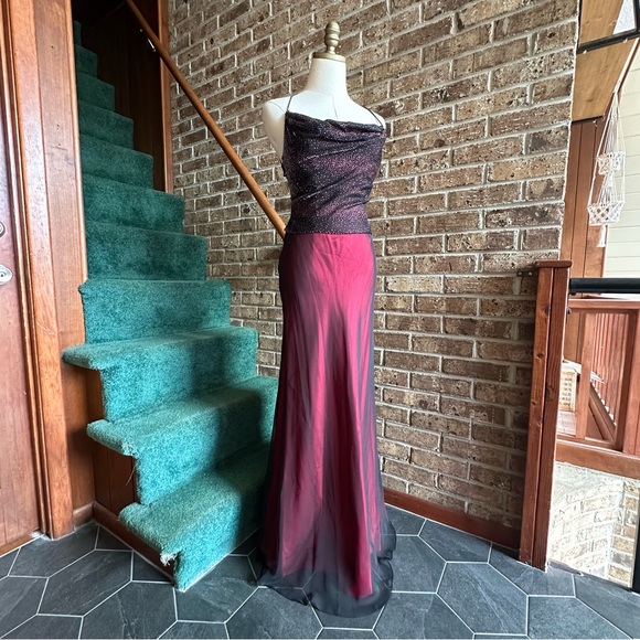 VTG 90s Sparkly 2 Pc Lace Up Back Cowl Neck Top & Mesh Overlay Skirt Formal Set - Picture 3 of 14